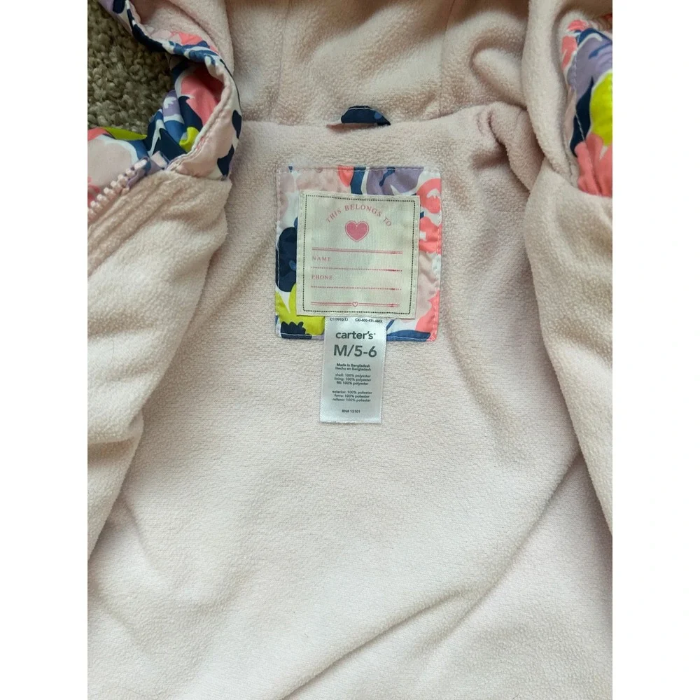 Carters‎ Girls Floral Rain Jacket Hooded Fleece Lined Pink Purple Size M 5-6